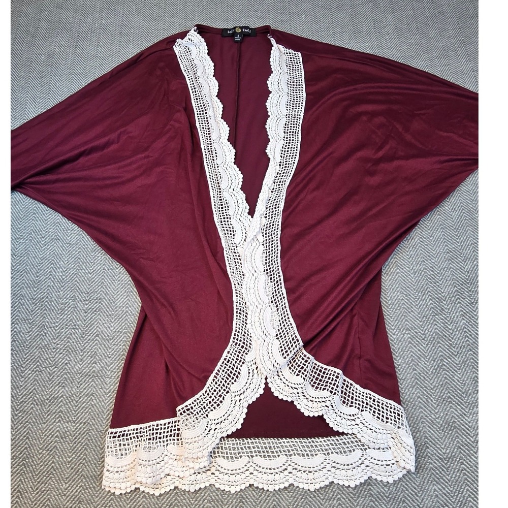 Belle Tweed Burgundy Batwing Kimono Cardigan Crochet Lace Trim Small Boho Flowy